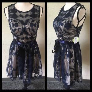 Tan and dark blue skater dress.